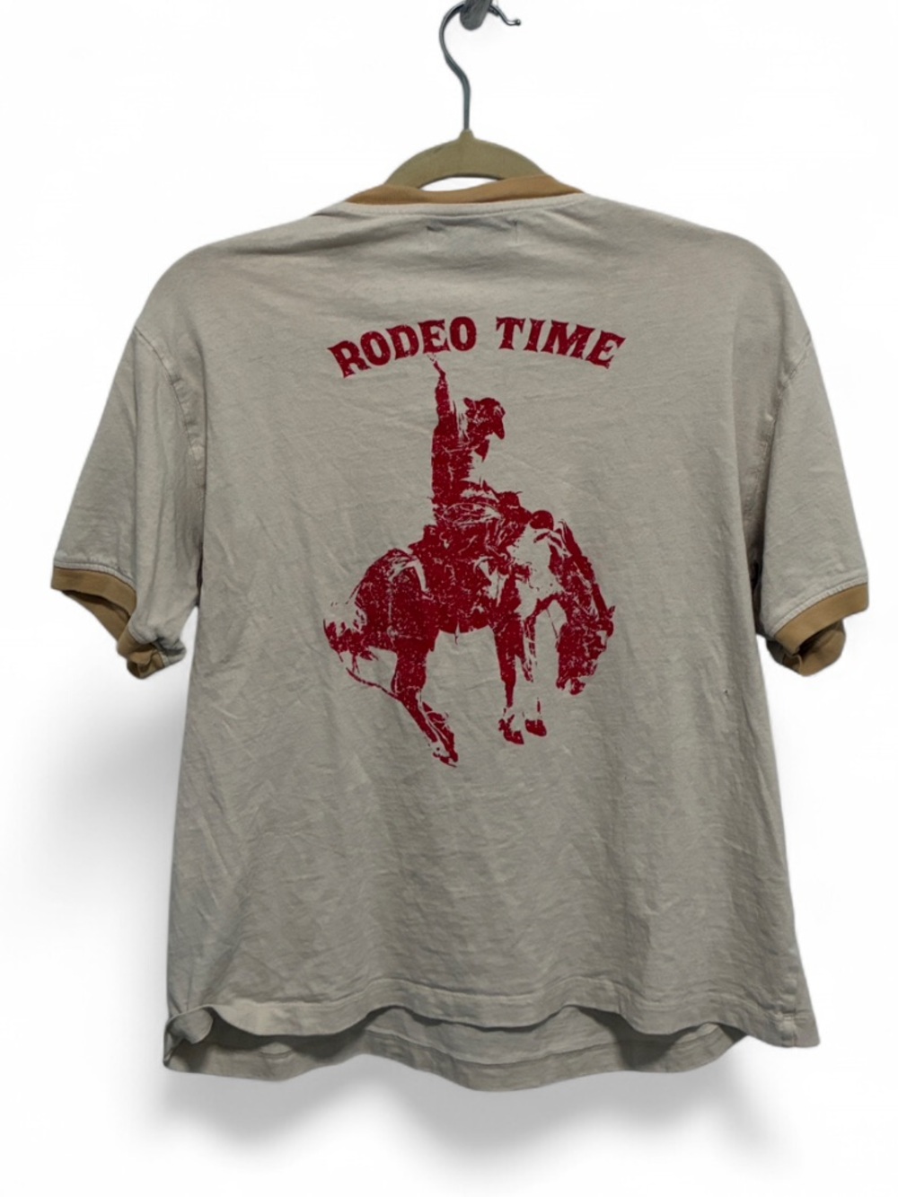 Zara Two Jeys Rodeo Time Cowboy Western Graphic Ringer Tee - Beige Red Print